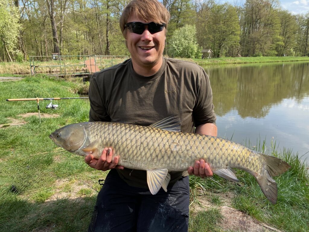 Angler mit Graskarpfen